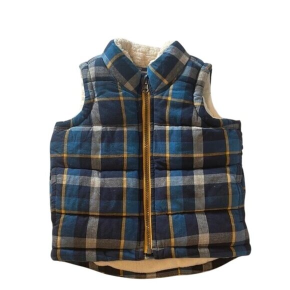 Old Navy Toddler Plaid Puffer Vest With Sherpa Lining Blue Yellow Size Boy 12M - Picture 4 of 8